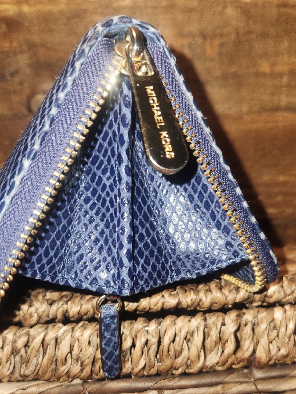 Michael Kors Navy Blue Snake-Embossed Zip Wallet with Gold Plaque - Picture 11 of 13
